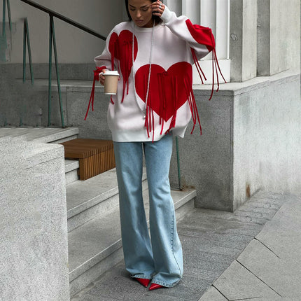 Women's Heart Tassel Ribbon Contrast Color Knit Top Long Sleeve Pullover Sweater