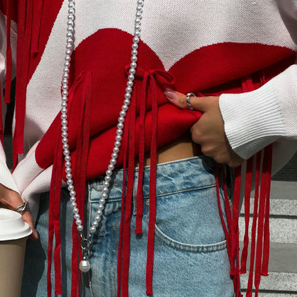 Women's Heart Tassel Ribbon Contrast Color Knit Top Long Sleeve Pullover Sweater