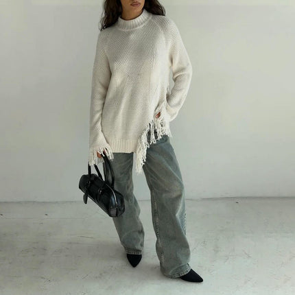 Women's Half Turtleneck Tassel Knitted Top Long Sleeve Loose Lazy Retro Pullover