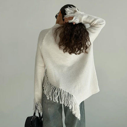 Women's Half Turtleneck Tassel Knitted Top Long Sleeve Loose Lazy Retro Pullover