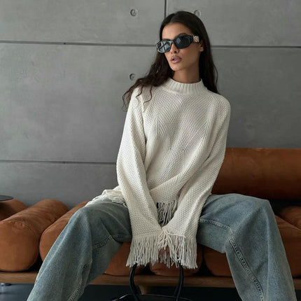 Women's Half Turtleneck Tassel Knitted Top Long Sleeve Loose Lazy Retro Pullover