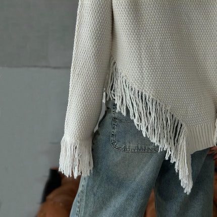 Women's Half Turtleneck Tassel Knitted Top Long Sleeve Loose Lazy Retro Pullover