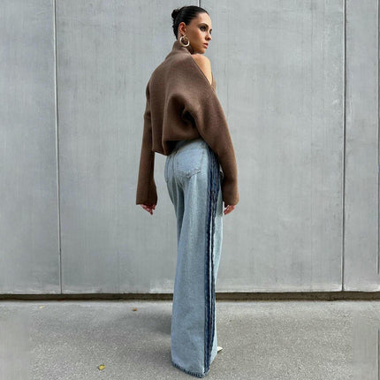 Women's Off-the-shoulder Turtleneck Long-sleeved Sweater Lazy Style Pullover Top