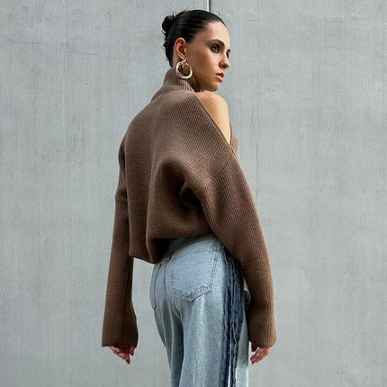 Women's Off-the-shoulder Turtleneck Long-sleeved Sweater Lazy Style Pullover Top