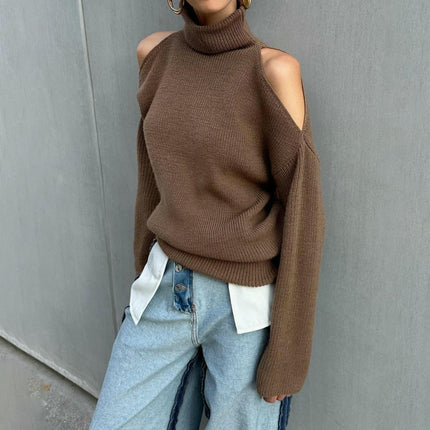 Women's Off-the-shoulder Turtleneck Long-sleeved Sweater Lazy Style Pullover Top