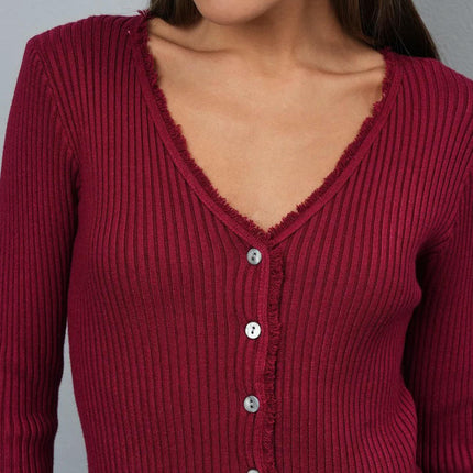 Women's Raw Edge V-Neck Button Slim Fit Cardigan Trumpet Sleeve Knitted Cardigan