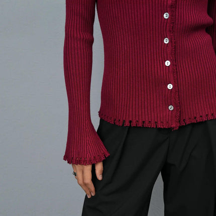 Women's Raw Edge V-Neck Button Slim Fit Cardigan Trumpet Sleeve Knitted Cardigan