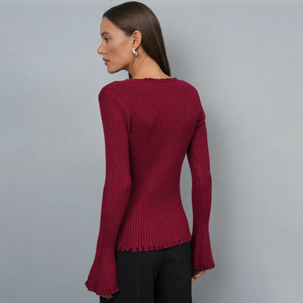 Women's Raw Edge V-Neck Button Slim Fit Cardigan Trumpet Sleeve Knitted Cardigan