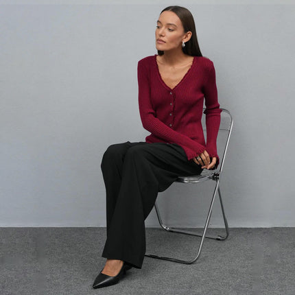 Women's Raw Edge V-Neck Button Slim Fit Cardigan Trumpet Sleeve Knitted Cardigan