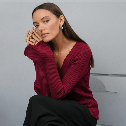 Women's Raw Edge V-Neck Button Slim Fit Cardigan Trumpet Sleeve Knitted Cardigan