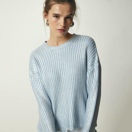 Women's Ragged Long Sleeve Sweater Round Neck Pullover Simple Knitted Cardigan