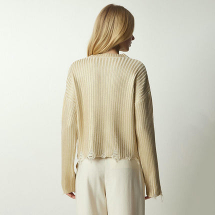 Women's Ragged Long Sleeve Sweater Round Neck Pullover Simple Knitted Cardigan