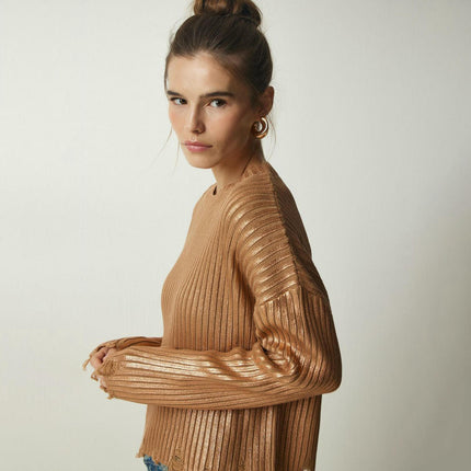 Women's Ragged Long Sleeve Sweater Round Neck Pullover Simple Knitted Cardigan