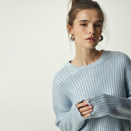 Women's Ragged Long Sleeve Sweater Round Neck Pullover Simple Knitted Cardigan