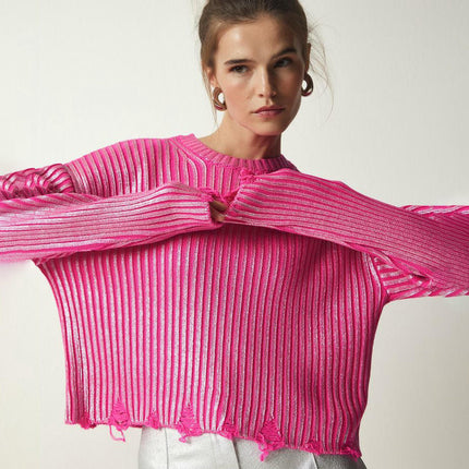 Women's Ragged Long Sleeve Sweater Round Neck Pullover Simple Knitted Cardigan