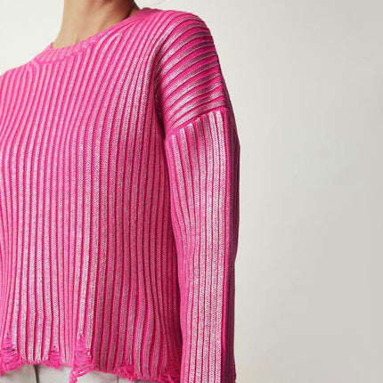 Women's Ragged Long Sleeve Sweater Round Neck Pullover Simple Knitted Cardigan