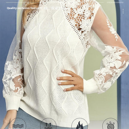 Autumn Mesh Knitted Pullover Top for Women With Lace Round Neck Sweater