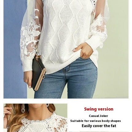 Autumn Mesh Knitted Pullover Top for Women With Lace Round Neck Sweater