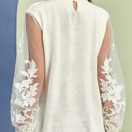 Autumn Mesh Knitted Pullover Top for Women With Lace Round Neck Sweater