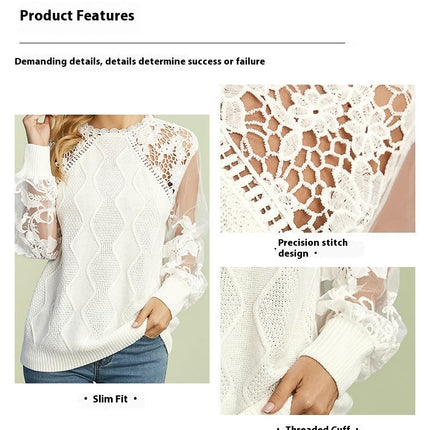 Autumn Mesh Knitted Pullover Top for Women With Lace Round Neck Sweater