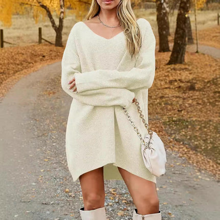 Women's Pullover Sweater Dress Casual Long Sleeve Ribbed Knit V Neck Loose Dresses
