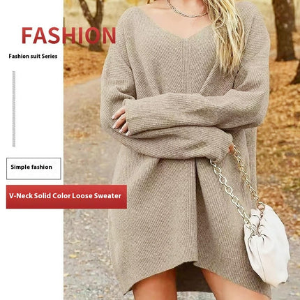 Women's Pullover Sweater Dress Casual Long Sleeve Ribbed Knit V Neck Loose Dresses