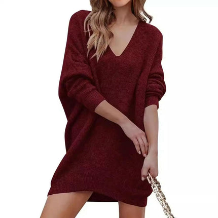 Women's Pullover Sweater Dress Casual Long Sleeve Ribbed Knit V Neck Loose Dresses