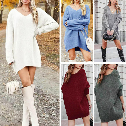 Women's Pullover Sweater Dress Casual Long Sleeve Ribbed Knit V Neck Loose Dresses