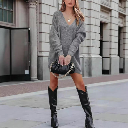 Women's Pullover Sweater Dress Casual Long Sleeve Ribbed Knit V Neck Loose Dresses