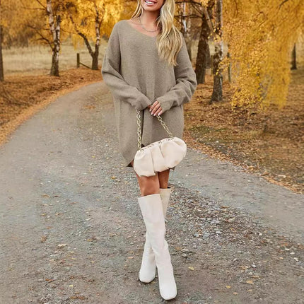 Women's Pullover Sweater Dress Casual Long Sleeve Ribbed Knit V Neck Loose Dresses