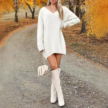 Women's Pullover Sweater Dress Casual Long Sleeve Ribbed Knit V Neck Loose Dresses