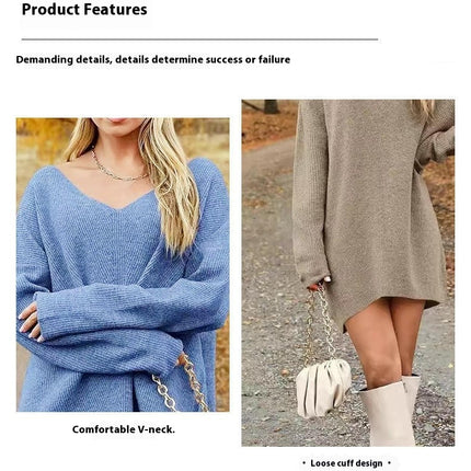 Women's Pullover Sweater Dress Casual Long Sleeve Ribbed Knit V Neck Loose Dresses