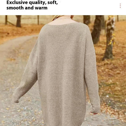 Women's Pullover Sweater Dress Casual Long Sleeve Ribbed Knit V Neck Loose Dresses