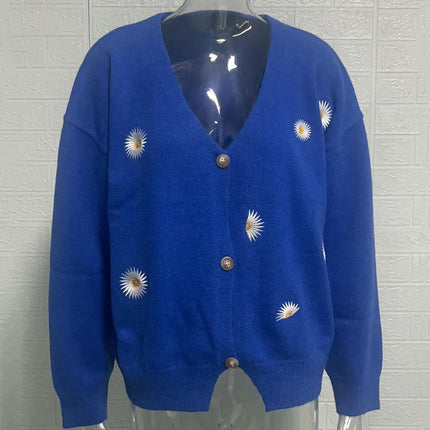 Women's Daisy Knit Cardigan Lazy Style V-Neck Long Sleeve Button Sweater Jacket