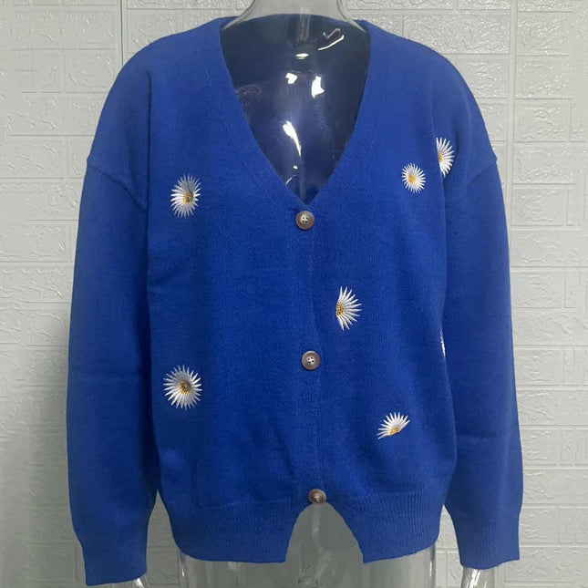 Women's Daisy Knit Cardigan Lazy Style V-Neck Long Sleeve Button Sweater Jacket