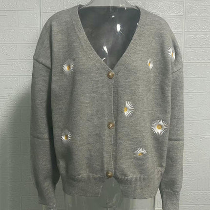 Women's Daisy Knit Cardigan Lazy Style V-Neck Long Sleeve Button Sweater Jacket