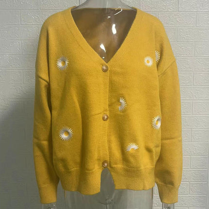 Women's Daisy Knit Cardigan Lazy Style V-Neck Long Sleeve Button Sweater Jacket