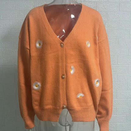 Women's Daisy Knit Cardigan Lazy Style V-Neck Long Sleeve Button Sweater Jacket