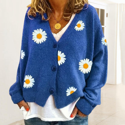 Women's Daisy Knit Cardigan Lazy Style V-Neck Long Sleeve Button Sweater Jacket