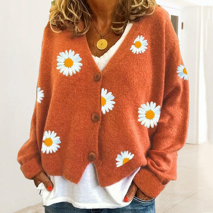 Women's Daisy Knit Cardigan Lazy Style V-Neck Long Sleeve Button Sweater Jacket