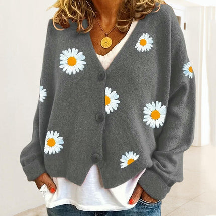 Women's Daisy Knit Cardigan Lazy Style V-Neck Long Sleeve Button Sweater Jacket