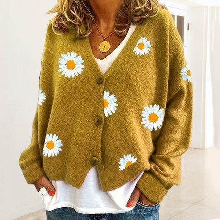 Women's Daisy Knit Cardigan Lazy Style V-Neck Long Sleeve Button Sweater Jacket