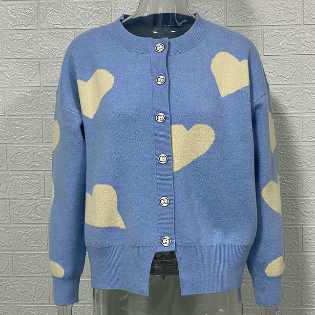 Women's Heart Knitted Cardigan Round Neck Long Sleeve Button Sweater Jacket