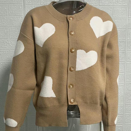 Women's Heart Knitted Cardigan Round Neck Long Sleeve Button Sweater Jacket