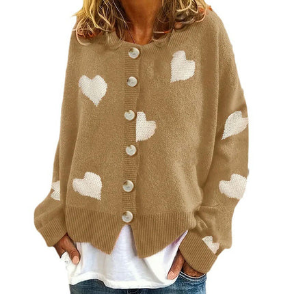 Women's Heart Knitted Cardigan Round Neck Long Sleeve Button Sweater Jacket