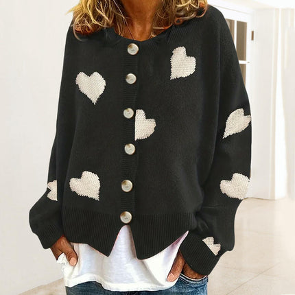 Women's Heart Knitted Cardigan Round Neck Long Sleeve Button Sweater Jacket