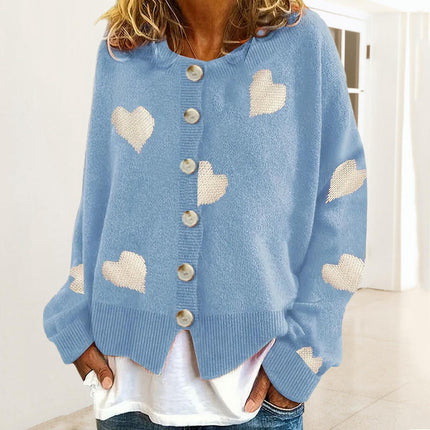 Women's Heart Knitted Cardigan Round Neck Long Sleeve Button Sweater Jacket