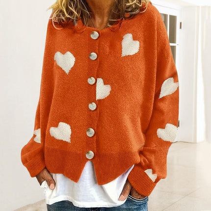 Women's Heart Knitted Cardigan Round Neck Long Sleeve Button Sweater Jacket