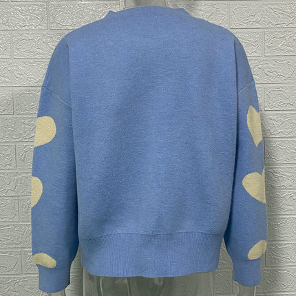Women's Heart Knitted Cardigan Round Neck Long Sleeve Button Sweater Jacket