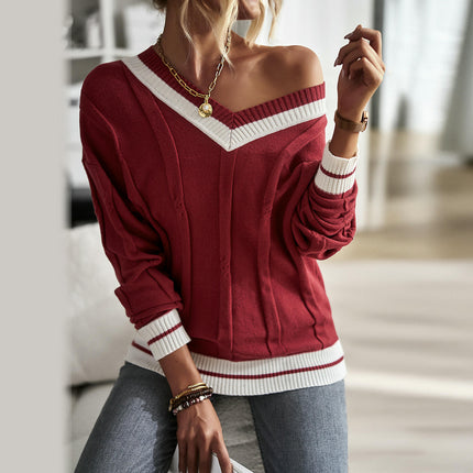 Women's Winter Knitted Sweater Simple V-neck Contrast Color Stitching Sweater Top